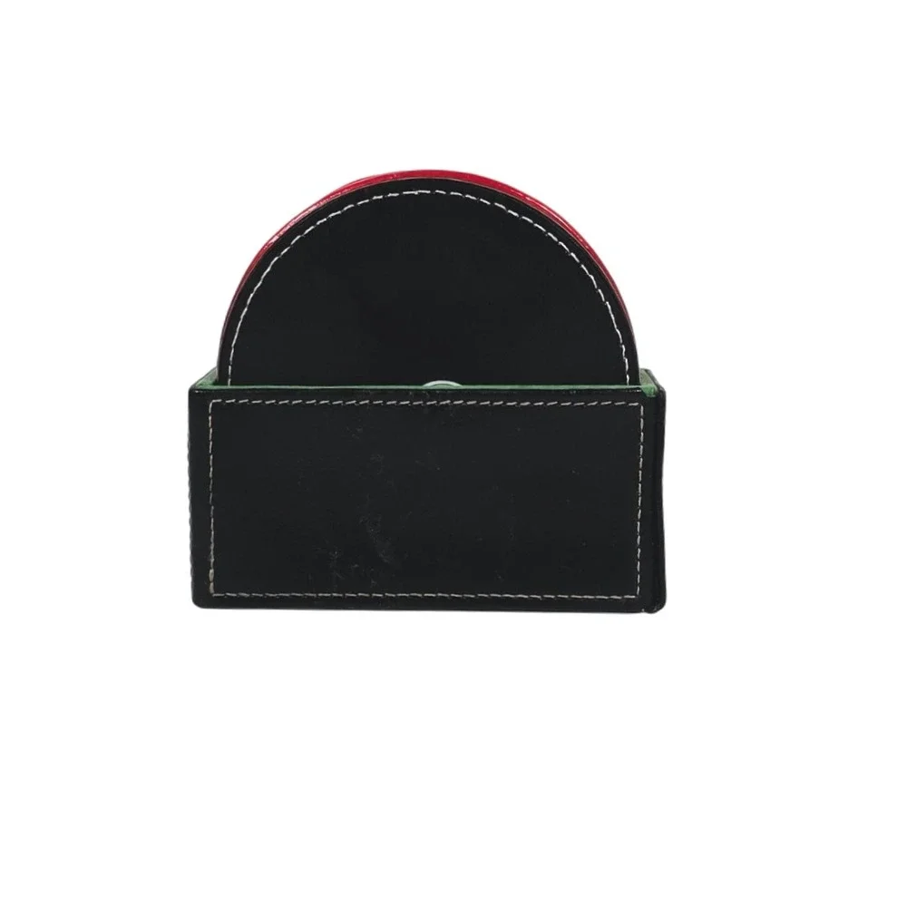 Set of 6 Poker‎ Card Suit Coasters with Black Holder Red Black faux Leather